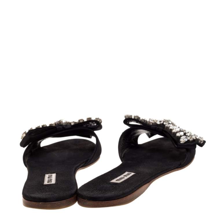 Pre Owned Miu Miu Black Satin Crystal Embellished Bow Slide Sandals Size 38.5
