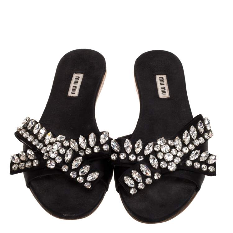 Pre Owned Miu Miu Black Satin Crystal Embellished Bow Slide Sandals Size 38.5
