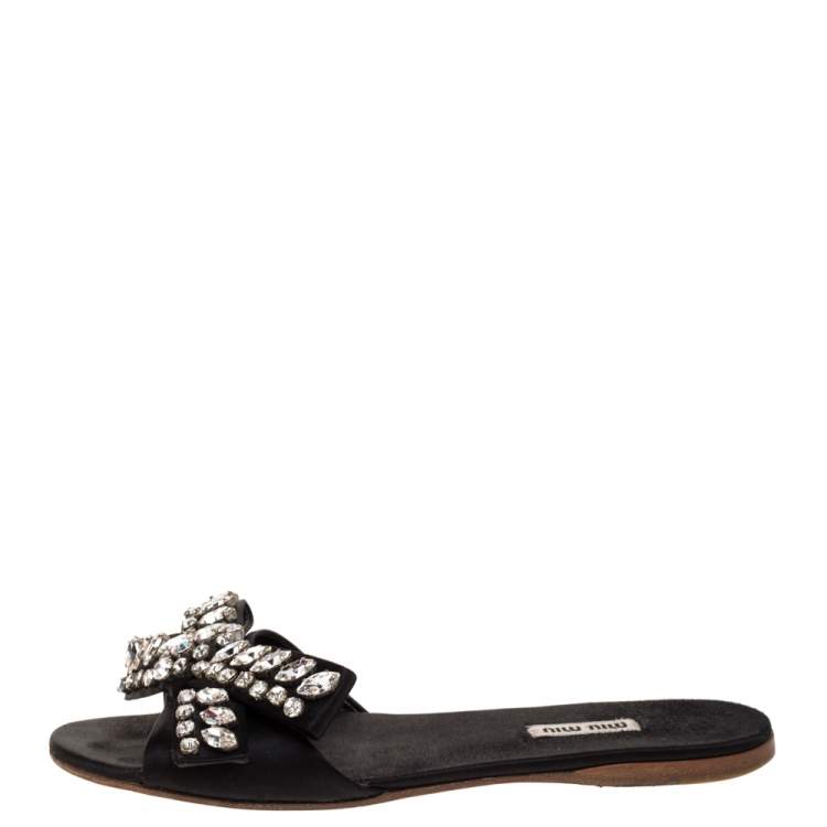 Pre Owned Miu Miu Black Satin Crystal Embellished Bow Slide Sandals Size 38.5