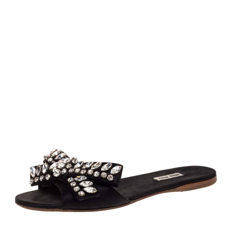 Pre Owned Miu Miu Black Satin Crystal Embellished Bow Slide Sandals Size 38.5
