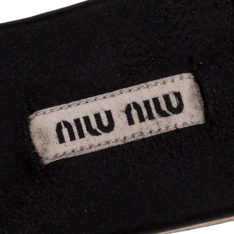 Pre Owned Miu Miu Black Satin Crystal Embellished Bow Slide Sandals Size 38.5