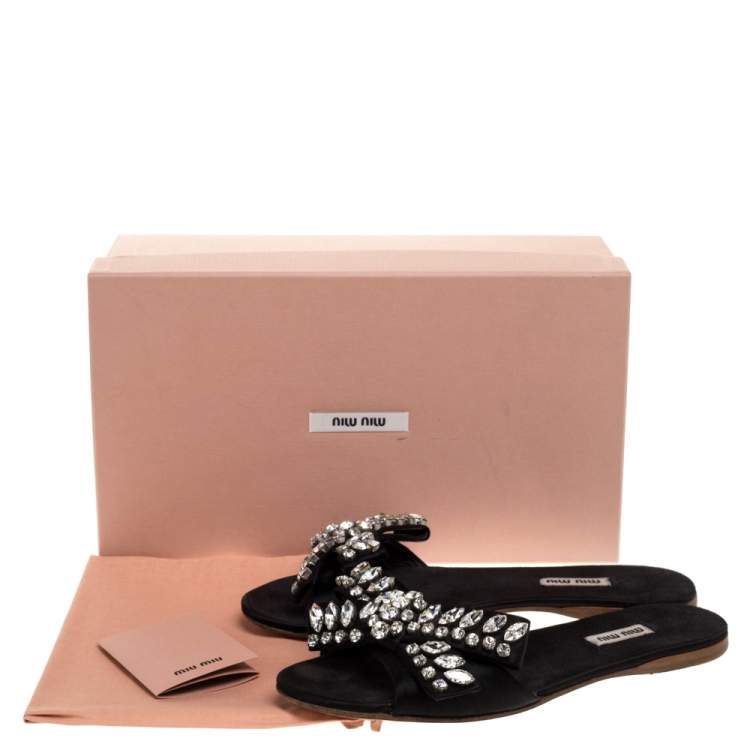 Pre Owned Miu Miu Black Satin Crystal Embellished Bow Slide Sandals Size 38.5