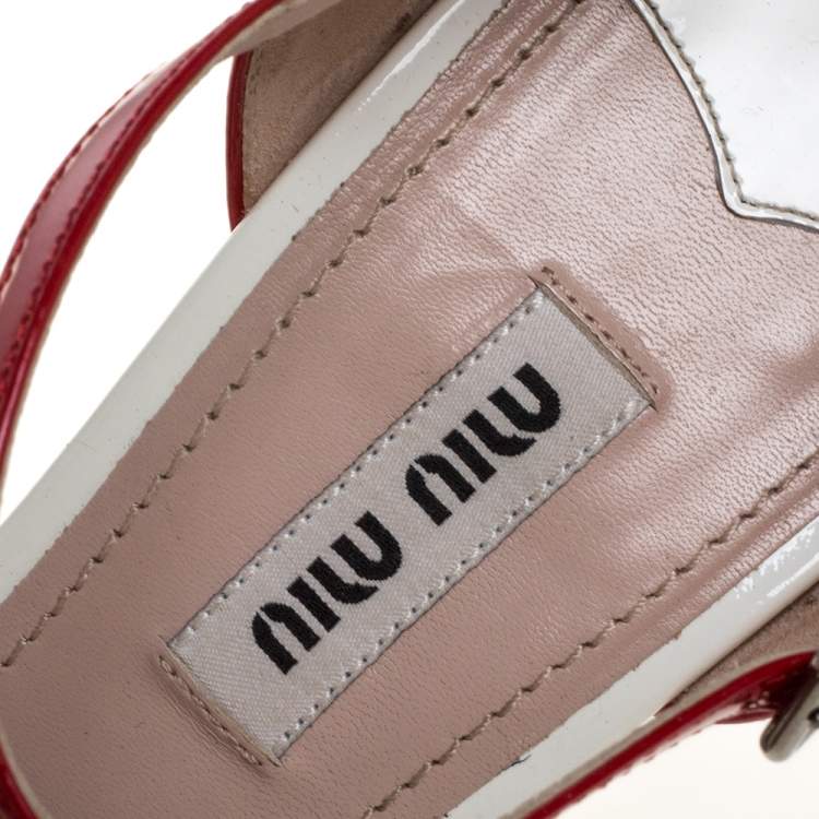 Pre Owned Miu Miu White/Red Patent Leather Platform Cross Strap Sandals Size 38