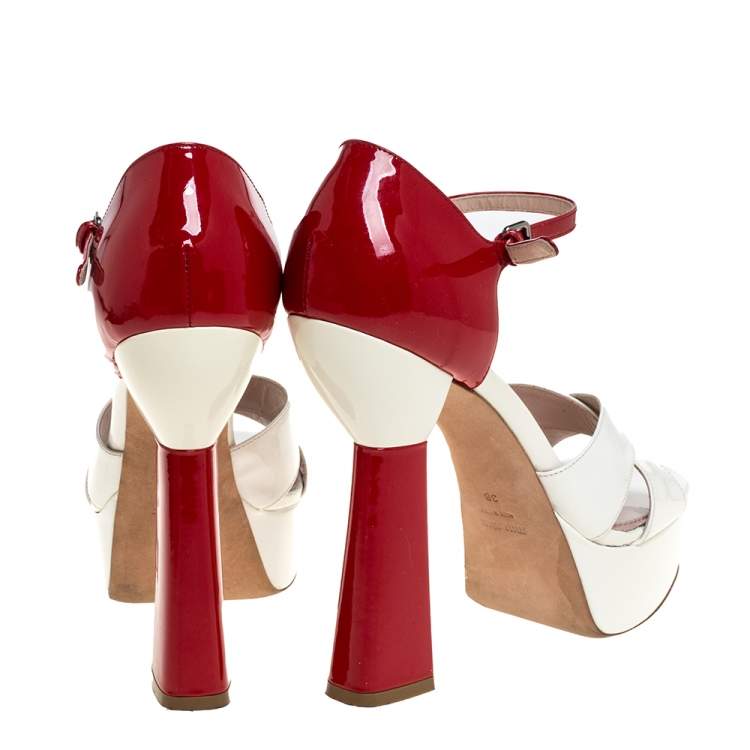 Pre Owned Miu Miu White/Red Patent Leather Platform Cross Strap Sandals Size 38
