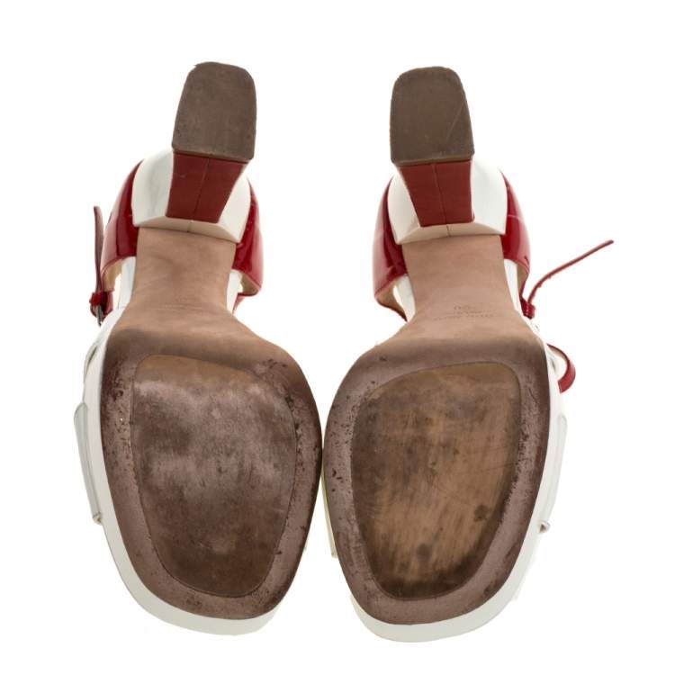 Pre Owned Miu Miu White/Red Patent Leather Platform Cross Strap Sandals Size 38