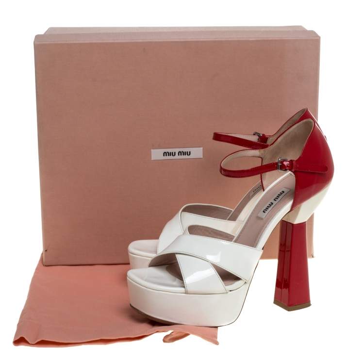 Pre Owned Miu Miu White/Red Patent Leather Platform Cross Strap Sandals Size 38