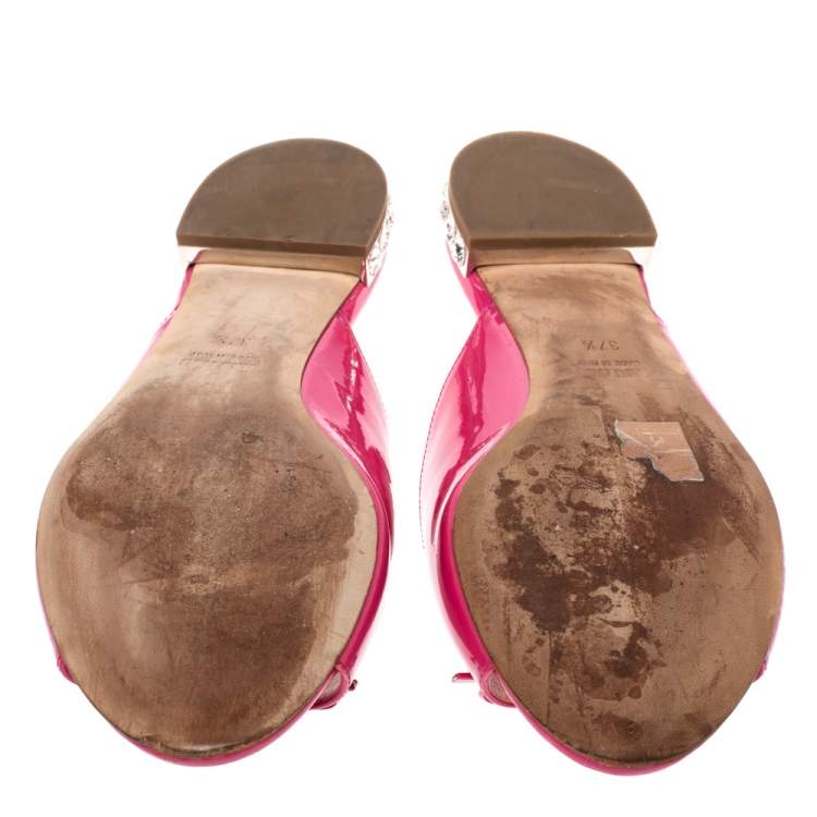 Pre Owned Miu Miu Pink Patent Leather Crystal Embellished Heel Bow Flat Slides Size 37.5