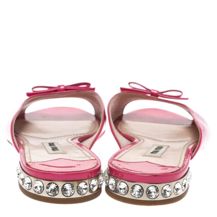 Pre Owned Miu Miu Pink Patent Leather Crystal Embellished Heel Bow Flat Slides Size 37.5