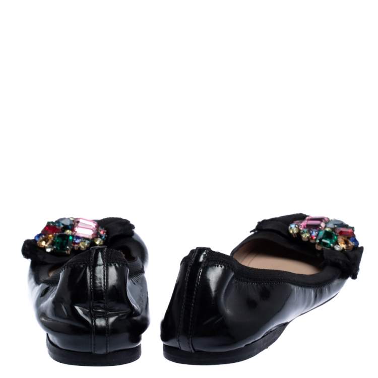 Pre Owned Miu Miu Black Patent Crystal Embellished Scrunch Ballet Flats Size 37