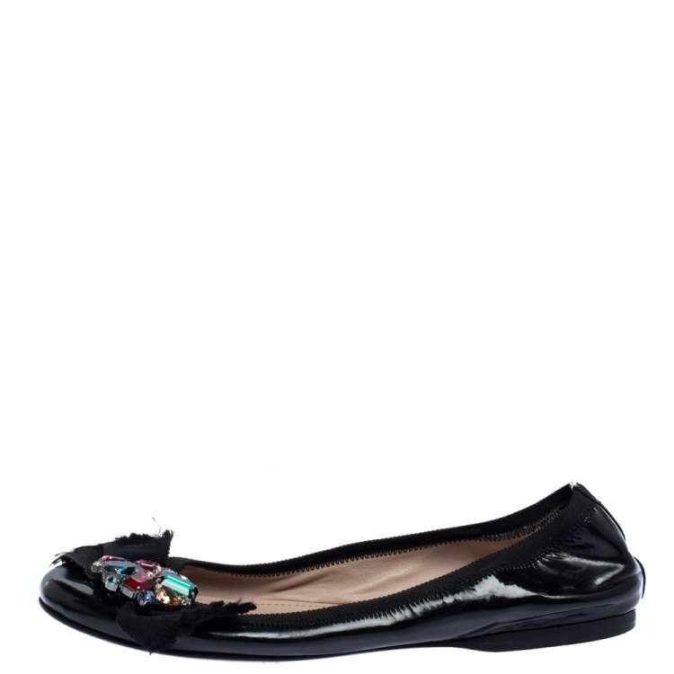 Pre Owned Miu Miu Black Patent Crystal Embellished Scrunch Ballet Flats Size 37