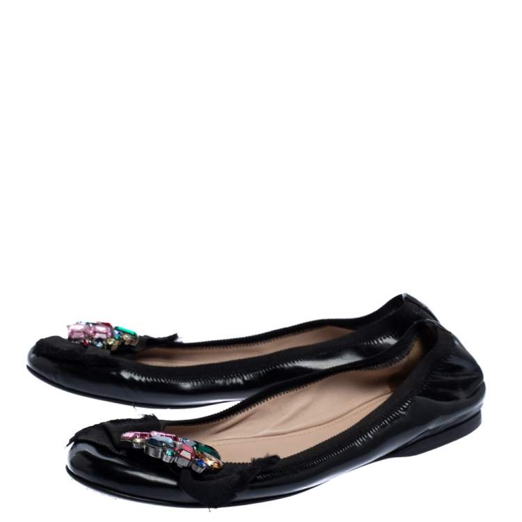 Pre Owned Miu Miu Black Patent Crystal Embellished Scrunch Ballet Flats Size 37