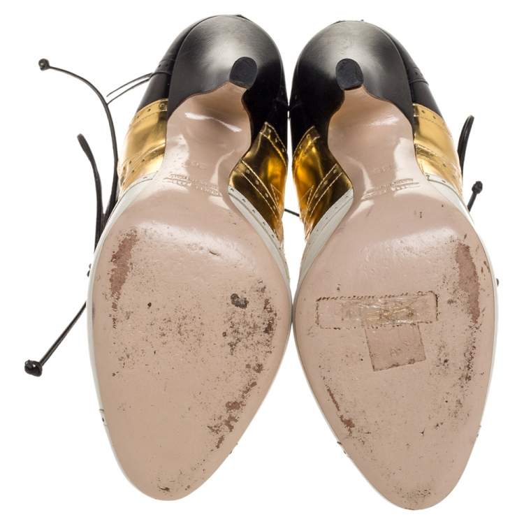 Pre Owned Miu Miu Tricolor Brogue Leather Cut Out Ankle Wrap Booties Size 36