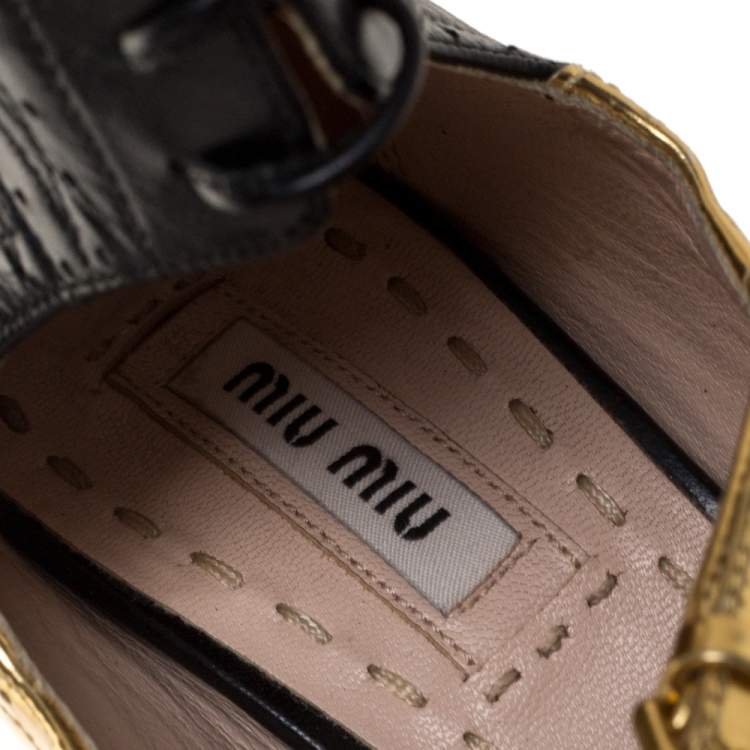 Pre Owned Miu Miu Tricolor Brogue Leather Cut Out Ankle Wrap Booties Size 36
