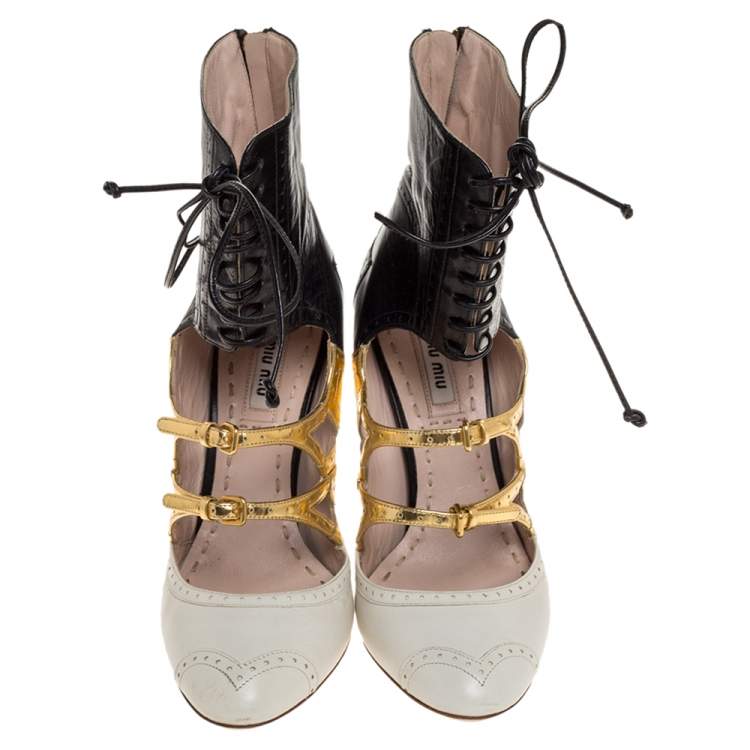 Pre Owned Miu Miu Tricolor Brogue Leather Cut Out Ankle Wrap Booties Size 36