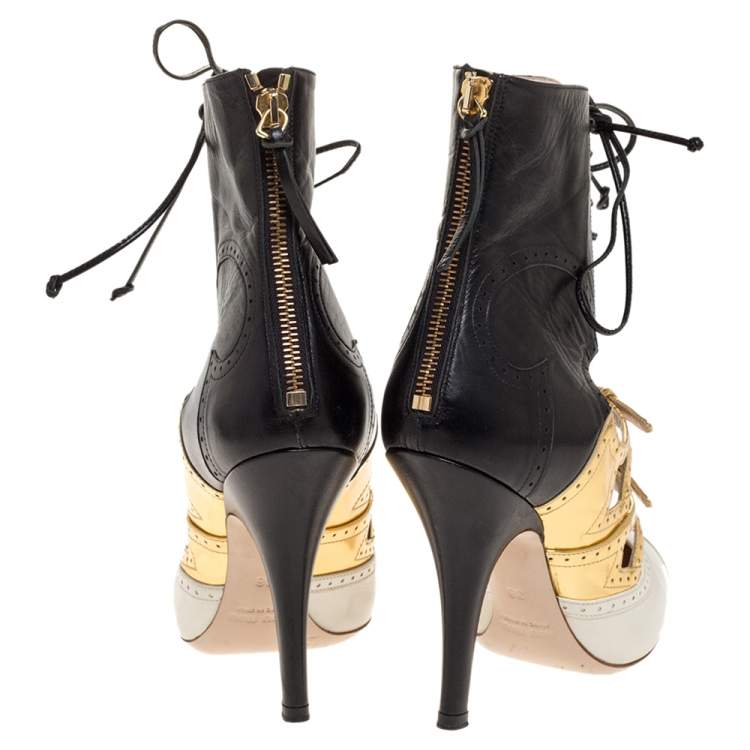 Pre Owned Miu Miu Tricolor Brogue Leather Cut Out Ankle Wrap Booties Size 36
