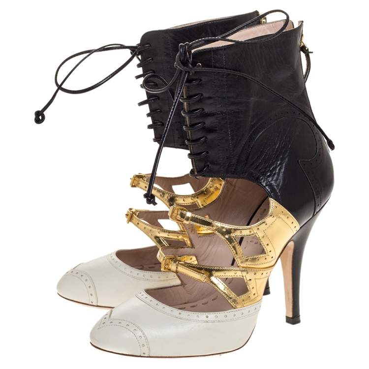 Pre Owned Miu Miu Tricolor Brogue Leather Cut Out Ankle Wrap Booties Size 36
