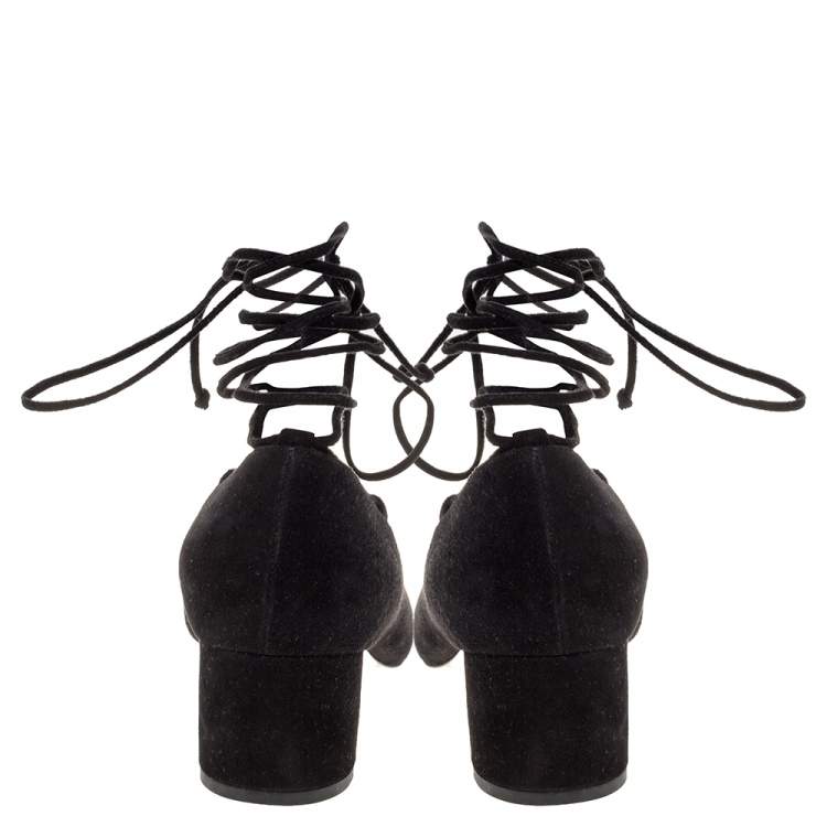Pre Owned Miu Miu Black Suede Lace Up Block Heel Pumps Size 36