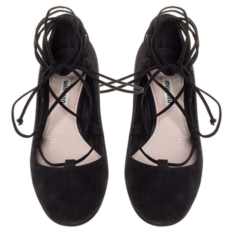 Pre Owned Miu Miu Black Suede Lace Up Block Heel Pumps Size 36