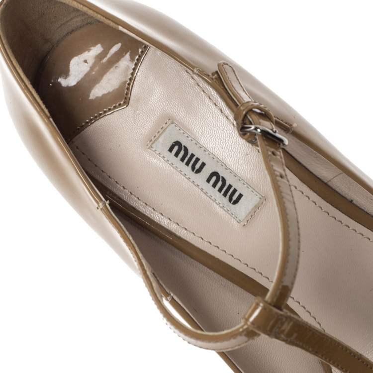 Pre Owned Miu Miu Brown Patent Leather T Strap Bow Ankle Strap Sandals Size 41