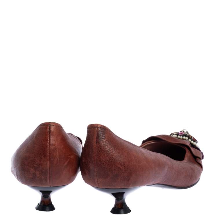 Pre Owned Miu Miu Brown Leather Jewel Embellished Kitten Heel Pointed Pumps Size 37