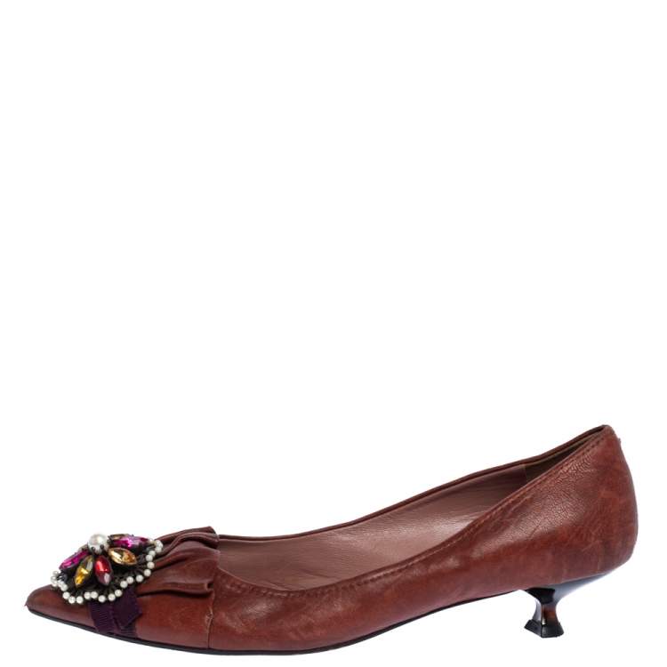 Pre Owned Miu Miu Brown Leather Jewel Embellished Kitten Heel Pointed Pumps Size 37