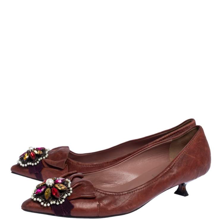 Pre Owned Miu Miu Brown Leather Jewel Embellished Kitten Heel Pointed Pumps Size 37