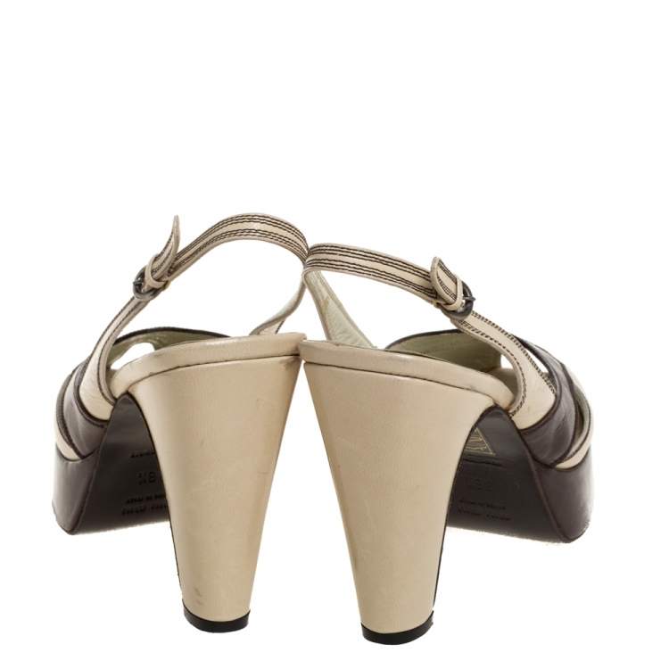 Pre Owned Miu Miu Cream/Brown Leather Peep Toe Platform Slingback Sandals Size 38.5