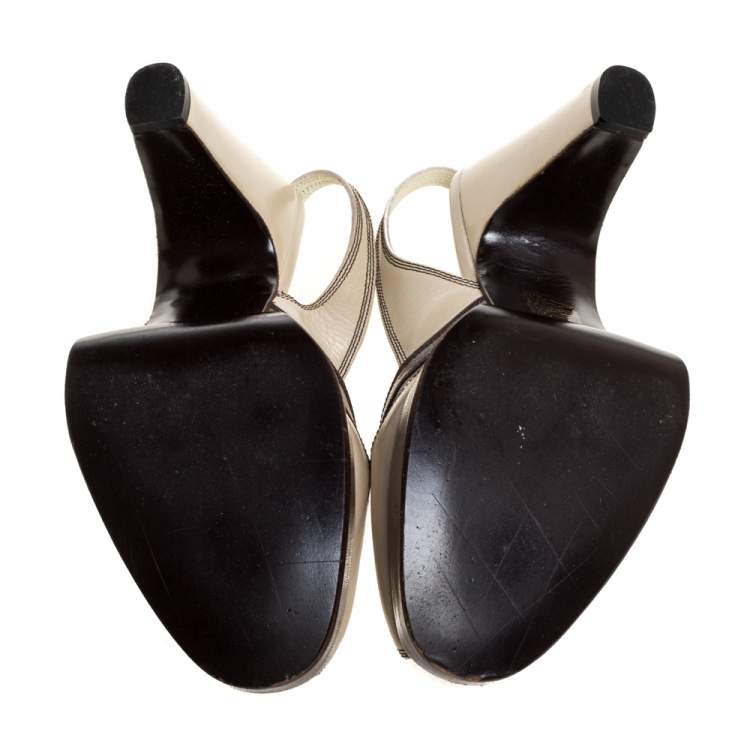 Pre Owned Miu Miu Cream/Brown Leather Peep Toe Platform Slingback Sandals Size 38.5