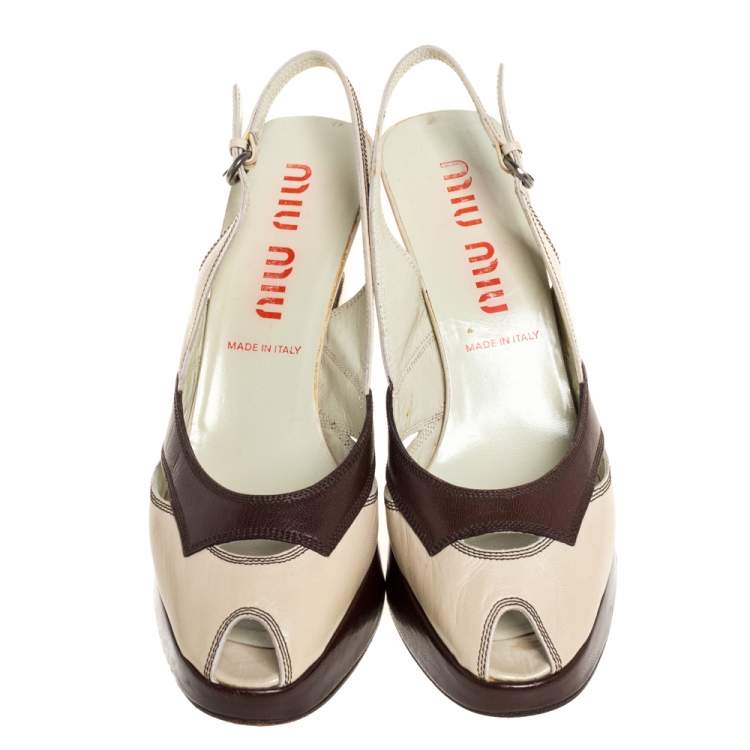 Pre Owned Miu Miu Cream/Brown Leather Peep Toe Platform Slingback Sandals Size 38.5