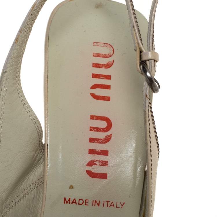 Pre Owned Miu Miu Cream/Brown Leather Peep Toe Platform Slingback Sandals Size 38.5