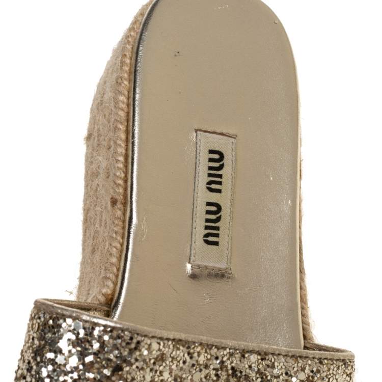 Pre Owned Miu Miu Metallic Gold Glitter Espadrille Platform Slide Sandals Size 36