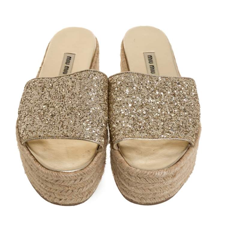 Pre Owned Miu Miu Metallic Gold Glitter Espadrille Platform Slide Sandals Size 36