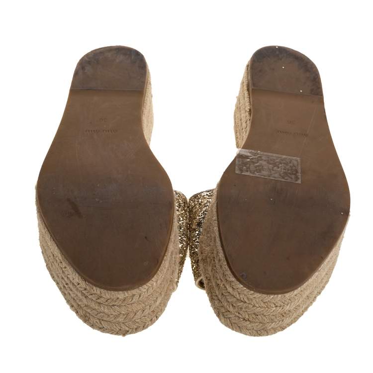 Pre Owned Miu Miu Metallic Gold Glitter Espadrille Platform Slide Sandals Size 36