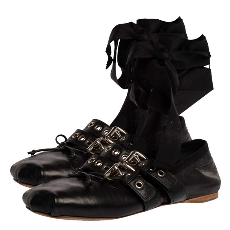 Pre Owned Miu Miu Black Leather Buckle Detail Ankle Wrap Ballet Flats Size 36
