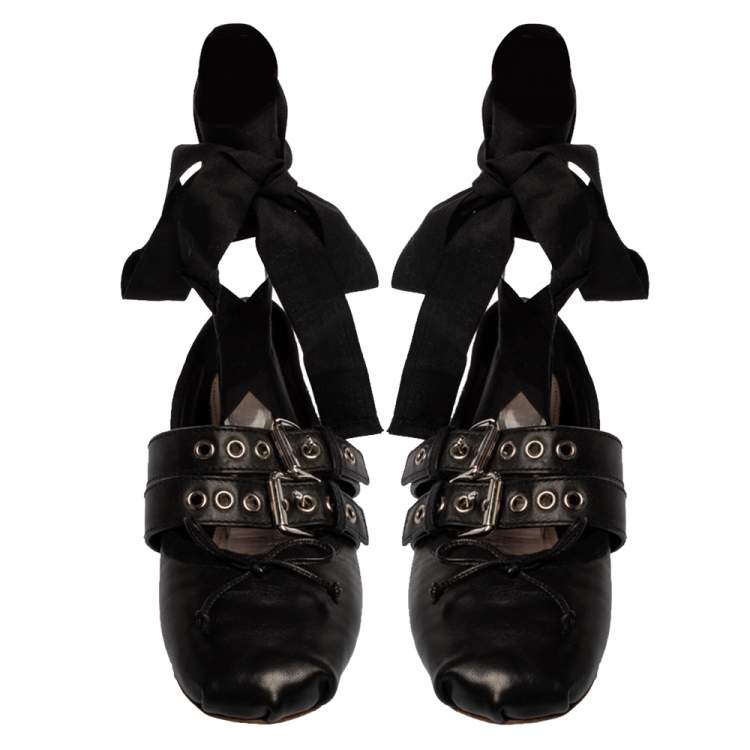 Pre Owned Miu Miu Black Leather Buckle Detail Ankle Wrap Ballet Flats Size 36