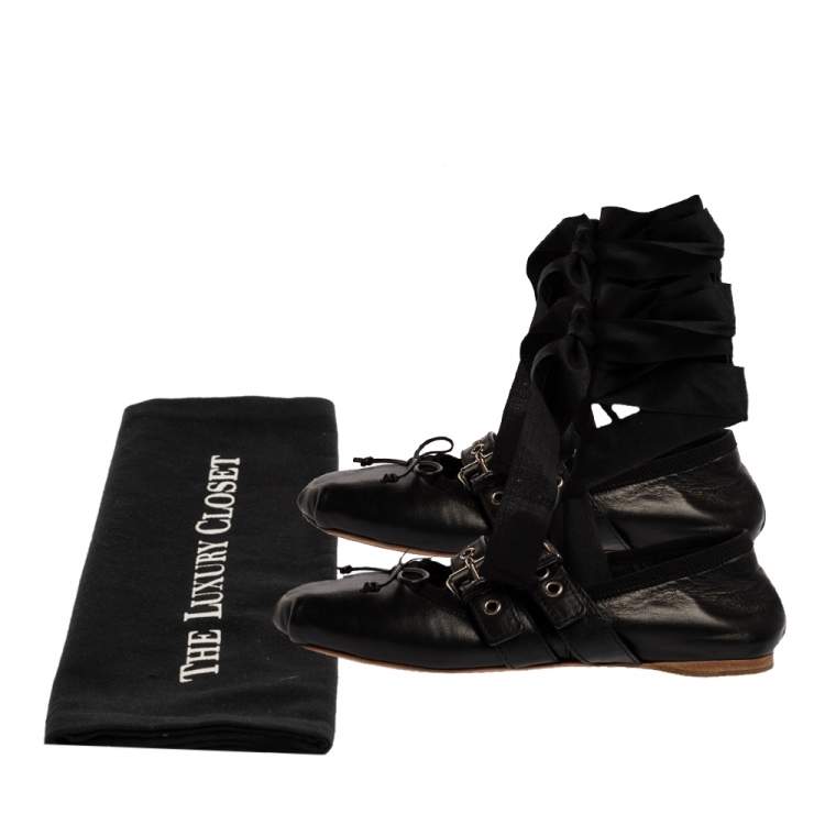 Pre Owned Miu Miu Black Leather Buckle Detail Ankle Wrap Ballet Flats Size 36