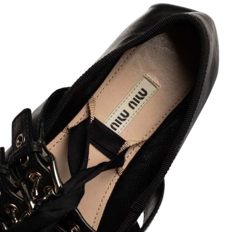 Pre Owned Miu Miu Black Leather Buckle Detail Ankle Wrap Ballet Flats Size 36