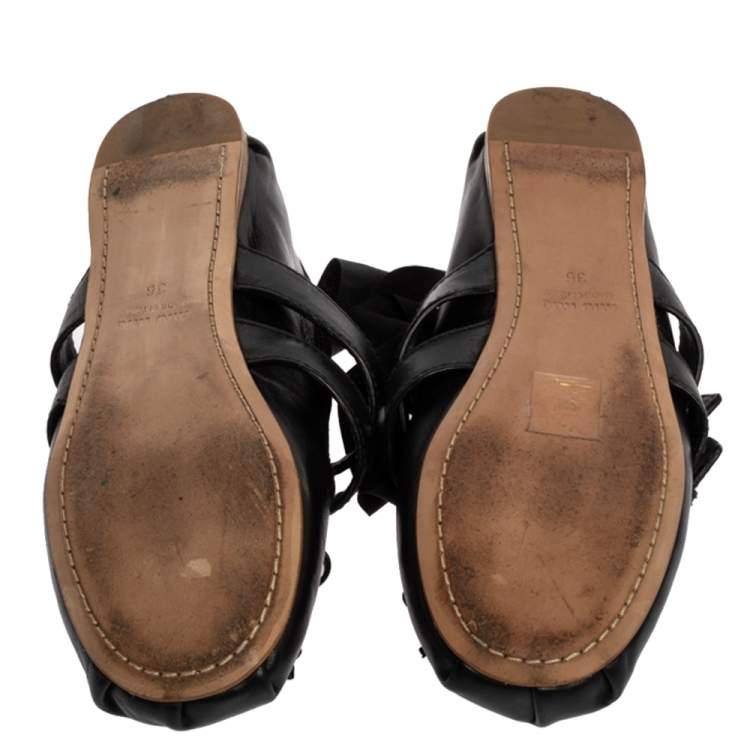 Pre Owned Miu Miu Black Leather Buckle Detail Ankle Wrap Ballet Flats Size 36