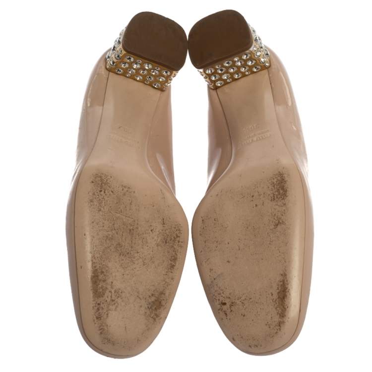 Pre Owned Miu Miu Beige Patent Leather Crystal Embellished Block Heel Pumps Size 36.5