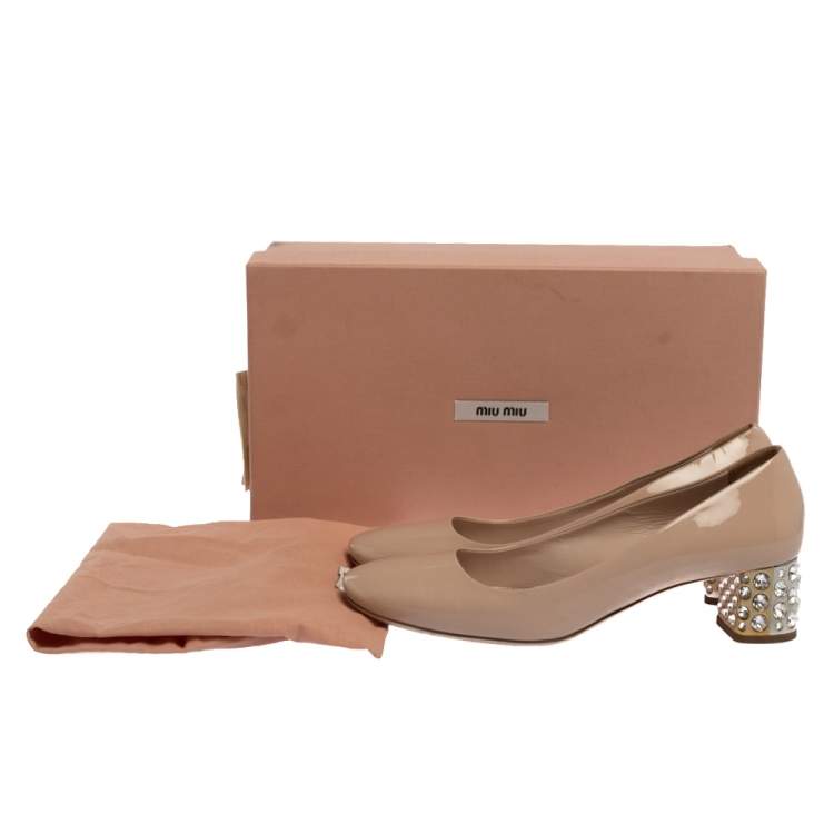 Pre Owned Miu Miu Beige Patent Leather Crystal Embellished Block Heel Pumps Size 36.5