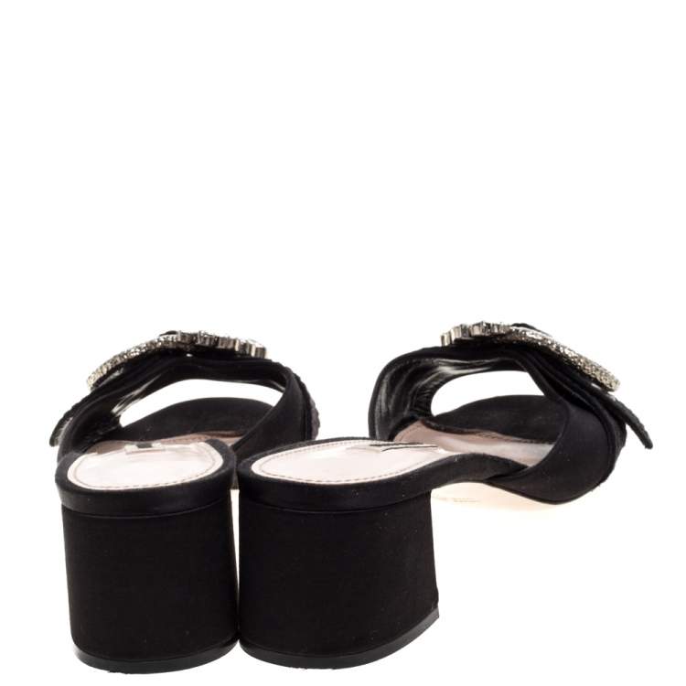 Pre Owned Miu Miu Black Satin Buckle Detail Crystal Embellished Slide Mules Size 40