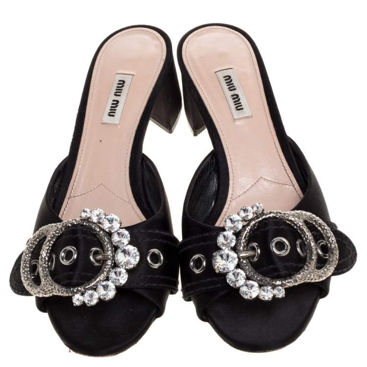 Pre Owned Miu Miu Black Satin Buckle Detail Crystal Embellished Slide Mules Size 40