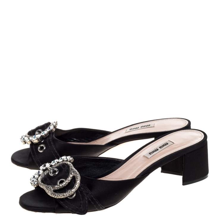 Pre Owned Miu Miu Black Satin Buckle Detail Crystal Embellished Slide Mules Size 40