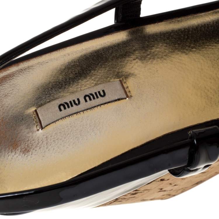 Pre Owned Miu Miu Black Patent Leather Slingback Cork Wedge Platform Sandals Size 39