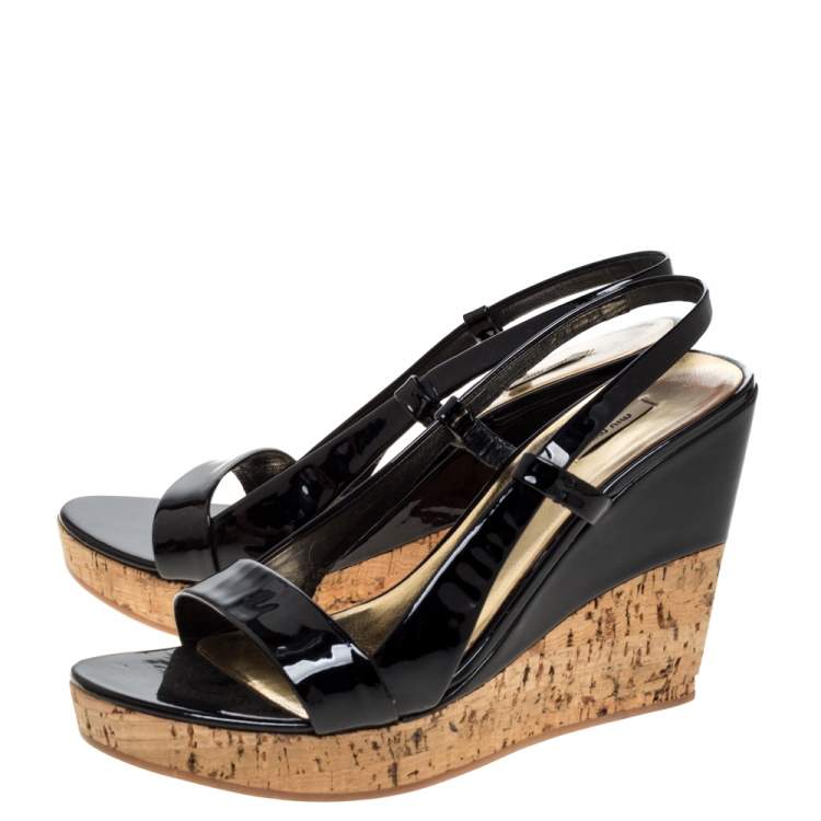 Pre Owned Miu Miu Black Patent Leather Slingback Cork Wedge Platform Sandals Size 39