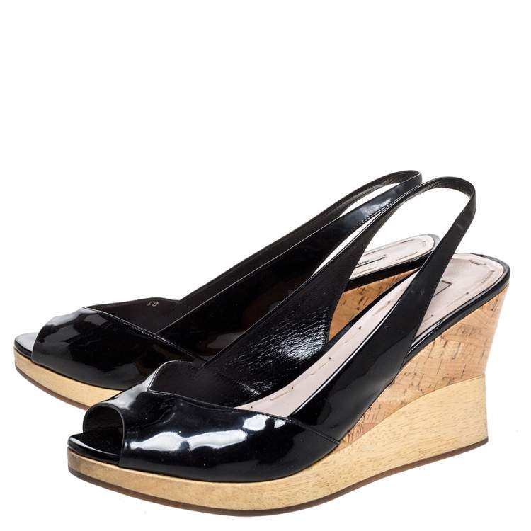 Pre Owned Miu Miu Black Patent Leather Vintage Slingback Wedge Platform Sandals Size 38