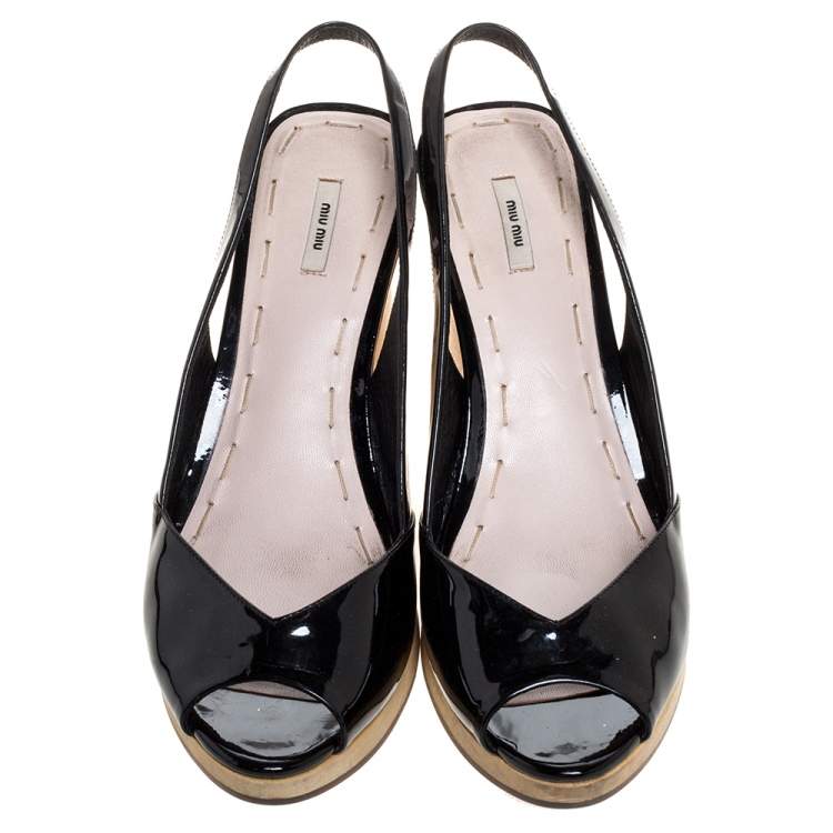 Pre Owned Miu Miu Black Patent Leather Vintage Slingback Wedge Platform Sandals Size 38