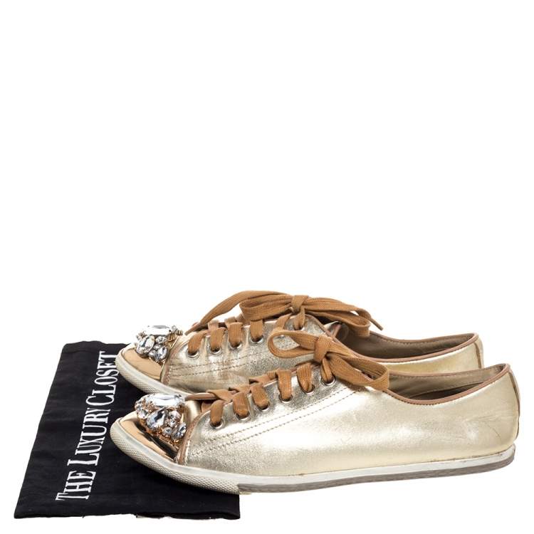 Pre Owned Miu Miu Gold Leather Crystal Embellished Cap Toe Sneakers Size 38