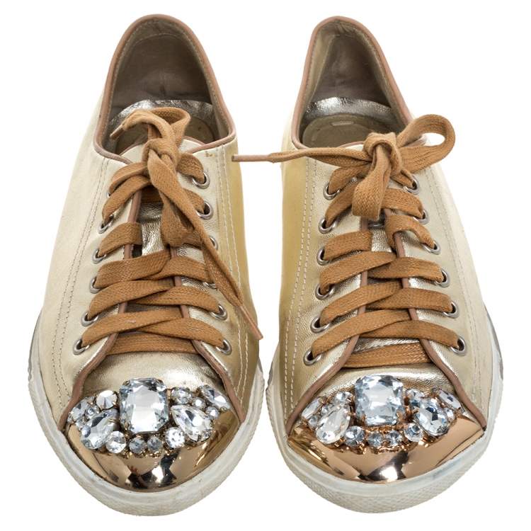 Pre Owned Miu Miu Gold Leather Crystal Embellished Cap Toe Sneakers Size 38