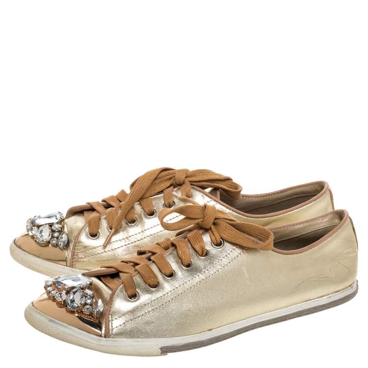 Pre Owned Miu Miu Gold Leather Crystal Embellished Cap Toe Sneakers Size 38